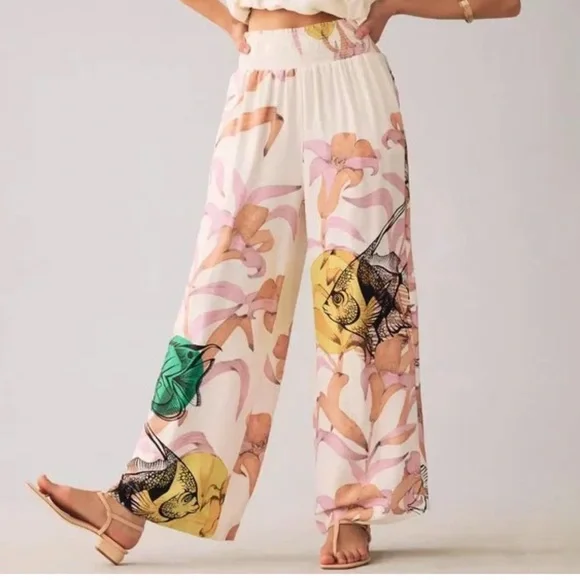 Anthropologie Pia Binazzi Graphic Floral Marine Life Wide Leg Palazzo Pants - Picture 2 of 10
